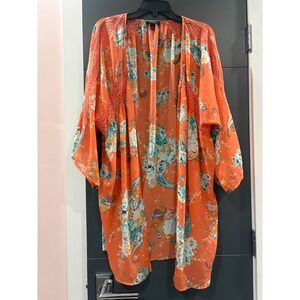 Torrid Orange Floral Paisley Crochet Lace Trim Kimono Cardigan Plus Size 1/2